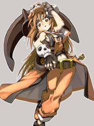 Rule 34 | 1girl, anchor, ankle boots, arc system works, boots, brown eyes, brown hair, fingerless gloves, flat chest, gloves, guilty gear, guilty gear xrd, hat, hat tip, huge weapon, long hair, may (guilty gear), navel, orange hat, orange shirt, pants, pants rolled up, pirate hat, shirt, skull, skull and crossbones, solo, weapon, ysk!