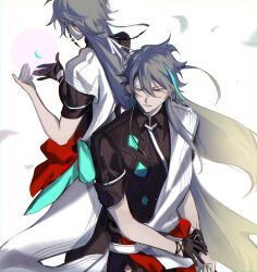 Rule 34 | 1boy, 1girl, aqua hair, back-to-back, black gloves, black shirt, closed mouth, collared shirt, dual persona, earrings, falling leaves, genderswap, genderswap (mtf), gloves, green pupils, grey hair, hair between eyes, hair ribbon, half gloves, hands up, highres, honkai (series), honkai impact 3rd, imai megane, jacket, jewelry, leaf, long hair, looking to the side, multicolored hair, neck ribbon, neck tattoo, pink eyes, red sash, ribbon, sash, shirt, single glove, single sleeve, streaked hair, su (honkai impact), tattoo, upper body, white background, white jacket, white ribbon, wristband