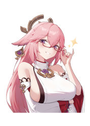 Rule 34 | 1girl, absurdres, bare shoulders, bespectacled, breasts, commentary request, dated, detached sleeves, fingernails, genshin impact, glasses, grey background, hair ornament, highres, large breasts, long hair, looking at viewer, nail polish, parted lips, pink hair, purple eyes, red-framed eyewear, red nails, revision, semi-rimless eyewear, simple background, smile, solo, sukaliya, under-rim eyewear, upper body, white sleeves, yae miko