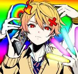 Rule 34 | blonde hair, blue necktie, cardigan, cd, cellphone, closed mouth, commentary, dappou rock (vocaloid), extra arms, fire, glowstick, gradient background, hair ornament, holding, holding glowstick, holding phone, long sleeves, looking at viewer, necktie, phone, project sekai, rainbow gradient, red eyes, ringed eyes, shirt, smartphone, solo, taro14 tea, tenma tsukasa, white shirt, x hair ornament, yellow cardigan