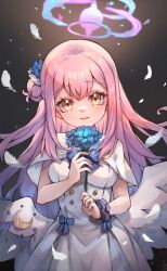 Rule 34 | 1girl, angel wings, blue archive, blue flower, blush, breasts, capelet, dress, feathered wings, flower, hair bun, hair flower, hair ornament, halo, highres, holding, holding flower, long hair, looking at viewer, medium breasts, mika (blue archive), miya (miyaruta), open mouth, pink hair, pink halo, purple flower, purple scrunchie, scrunchie, single side bun, solo, white capelet, white dress, white wings, wings, wrist scrunchie, yellow eyes
