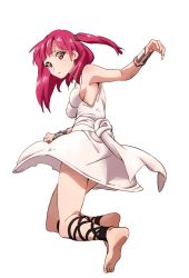 Rule 34 | 1girl, akai toshifumi, ankle lace-up, barefoot, bracelet, breasts, cross-laced footwear, feet, full body, highres, jewelry, long hair, looking at viewer, magi the labyrinth of magic, medium breasts, morgiana, red eyes, red hair, side ponytail, sideboob, simple background, solo, white background