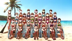 Rule 34 | 6+girls, alternate costume, beach, bikini, black eyes, blue bikini, blue sky, breasts, brown hair, censored, chair, chirijiri (synthesizer v), cleavage, commentary request, day, empty eyes, flip-flops, group picture, hair over shoulder, hands on own hips, highres, identity censor, jaggy lines, large breasts, lens flare, long hair, looking at viewer, lounge chair, low twintails, medium breasts, multiple girls, no socks, ocean, on chair, open mouth, outdoors, palm tree, parody, sandals, sannso5482, scribble censor, short hair, sitting, sky, smile, solo focus, standing, style parody, swimsuit, synthesizer v, textless version, tree, twintails