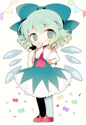 Rule 34 | 1girl, ascot, bad id, bad tumblr id, blue dress, blue eyes, blue hair, blush, bow, candy, chibi, cirno, dress, dress shirt, food, food in mouth, full body, hair bow, ice, ice wings, kyoneko, kyou (nekoneko), lollipop, looking at viewer, mary janes, matching hair/eyes, pantyhose, puffy short sleeves, puffy sleeves, shirt, shoes, short hair, short sleeves, simple background, solo, swirl lollipop, touhou, wings