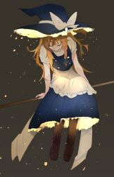Rule 34 | 1girl, absurdres, apron, black background, black vest, blonde hair, boots, bow, braid, broom, broom riding, brown footwear, closed eyes, cross-laced footwear, dress, frills, full body, hat, hat bow, highres, ikurauni, kirisame marisa, knee boots, lace-trimmed headwear, lace-up boots, lace trim, long hair, looking down, puffy short sleeves, puffy sleeves, ribbon, shirt, shoes, short sleeves, side braid, sidelocks, simple background, single braid, sitting, skirt, solo, touhou, very long hair, vest, waist apron, white bow, white shirt, witch hat