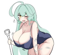 Rule 34 | 1girl, ahoge, bandaid, blue archive, blush, breasts, green hair, highres, holding, holding shovel, huge breasts, long hair, looking at viewer, one-piece swimsuit, one eye closed, sae art, shovel, swimsuit, thick thighs, thighs, white background, yellow eyes, yume (blue archive)