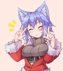 Rule 34 | 1girl, animal ears, belt, blue hair, blush, breasts, brown sweater, cat ears, closed eyes, double v, facing viewer, fur trim, grin, hands up, jacket, large breasts, long sleeves, orange background, original, red jacket, ribbed sweater, ryota tentei, scar, short hair, simple background, smile, solo, sweater, tora tentei, upper body, v, w
