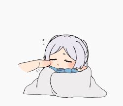 Rule 34 | 1girl, blanket, blue scarf, blush, cheek poking, chibi, closed eyes, elf, facing viewer, frieren, grey hair, highres, ie9cd4, long hair, mini person, minigirl, pointy ears, poking, scarf, simple background, size difference, squeans, sleeping, sleeping upright, solo focus, sousou no frieren, under covers, white background