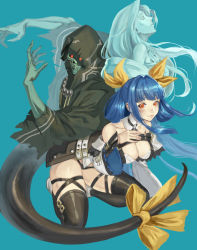Rule 34 | 1girl, angel wings, asymmetrical wings, bare shoulders, belt, black panties, black thighhighs, blue hair, blush, breasts, choker, cleavage, collarbone, detached collar, detached sleeves, dizzy (guilty gear), guilty gear, guilty gear xrd, hair ribbon, hair rings, hand on own chest, highres, kneeling, large breasts, looking at viewer, monster girl, necro (guilty gear), panties, red eyes, ribbon, seiza, sitting, skindentation, smile, tail, tail ornament, tail ribbon, thick thighs, thigh strap, thighhighs, thighs, twintails, udakyo, underwear, undine (guilty gear), wings, yellow ribbon