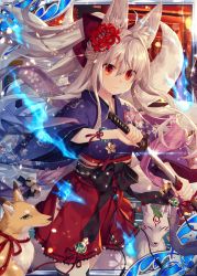 Rule 34 | animal ears, breasts, closed mouth, collaboration, company name, expressionless, falkyrie no monshou, fox ears, fox girl, fox tail, holding, holding sheath, holding sword, holding weapon, japanese clothes, kimono, large breasts, long hair, looking at viewer, natsumekinoko, official art, red eyes, sheath, shinkai no valkyrie, silver hair, solo, sword, tail, unsheathing, very long hair, weapon