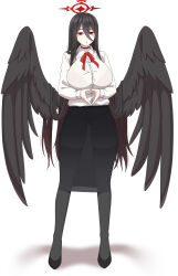 Rule 34 | 1girl, absurdres, alternate costume, black choker, black footwear, black hair, black skirt, black wings, blue archive, bow, bowtie, breasts, choker, commentary request, feathered wings, finger touching, full body, hair between eyes, halo, hasumi (blue archive), high heels, highres, large breasts, large wings, long bangs, long hair, long sleeves, looking at viewer, majinmallow, mole, mole under eye, own hands together, parted lips, pencil skirt, red bow, red bowtie, red eyes, see-through, see-through skirt, shirt, sidelocks, simple background, skirt, solo, standing, white background, white shirt, wings