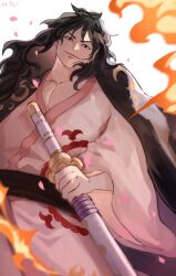 Rule 34 | !, 1boy, black eyes, black hair, closed mouth, commentary request, holding, holding sword, holding weapon, japanese clothes, katana, kimono, kouzuki momonosuke, long hair, looking at viewer, male focus, one piece, smile, solo, sword, ttt-oo552, wavy hair, weapon