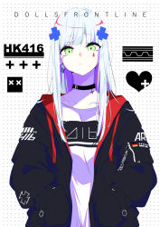 Rule 34 | 1girl, blunt bangs, blush, breasts, character name, choker, clothes writing, coat, collarbone, cross, cross choker, cross earrings, earrings, facial mark, girls&#039; frontline, green eyes, hair ornament, head tilt, hk416 (girls&#039; frontline), ichiki 1, jewelry, long hair, looking at viewer, open clothes, open coat, shirt, sidelocks, silver hair, solo, teardrop, very long hair, white shirt