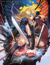 Rule 34 | 1girl, armor, blonde hair, blue eyes, boots, bracer, bruise, closed mouth, creature, emperors saga, fighting stance, gem, headband, highres, holding, holding sword, holding weapon, injury, jewelry, liduke, long hair, looking at viewer, necklace, official art, pauldrons, pelvic curtain, planted sword, planted, shoulder armor, solo, spread legs, sword, watermark, weapon, wiping face