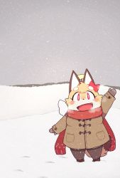 Rule 34 | 1girl, fox, furry, furry female, highres, open mouth, red eyes, rntn wkwk, scarf, smile, snow, snowing, solo, waving, winter clothes