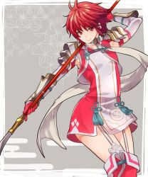 Rule 34 | 1girl, ataka takeru, blush, fire emblem, fire emblem fates, garter straps, gloves, hair over one eye, hinoka (fire emblem), looking at viewer, nintendo, open mouth, polearm, red eyes, red hair, short hair, simple background, smile, solo, spear, thighhighs, thighs, weapon, zettai ryouiki