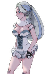 Rule 34 | 1girl, adapted costume, alternate hairstyle, blue eyes, blue hair, breasts, cleavage, closed mouth, commentary request, creatures (company), earrings, frills, game freak, gloves, grey hair, highres, jewelry, knees, large breasts, long hair, melony (pokemon), nintendo, nyoripoke, partially fingerless gloves, pokemon, pokemon swsh, ponytail, scarf, simple background, solo, twitter username, watermark, white background, white scarf