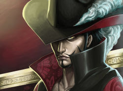 Rule 34 | 1boy, absurdres, black hair, close-up, dracule mihawk, facial hair, goatee, hat, high collar, highres, jewelry, lining, male focus, necklace, one piece, penator, plume, popped collar, red background, ringed eyes, short hair, signature, solo, yellow eyes, yoru (one piece), yoru (sword)