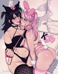 2girls absurdres artist_name ass black_bra black_hair black_panties blue_eyes bra breasts cleavage collar fishnet_thighhighs fishnets hair_ornament hair_ribbon highres huge_ass humanization kuromi large_breasts lip_piercing long_hair multiple_girls my_melody onegai_my_melody panties piercing pink_hair pink_lips rabbit_tail revealing_clothes ribbon sanrio skull_hair_ornament spiked_collar spikes succuboos tail thick_thighs thighhighs thighs underwear wide_hips wrist_cuffs yuri zoom_layer