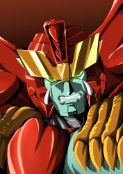 Rule 34 | absurdres, ark line, beast wars, beast wars neo, clenched teeth, green eyes, highres, looking at viewer, magmatron, mecha, no humans, predacon, robot, science fiction, solo, teeth, transformers, upper body, v-fin