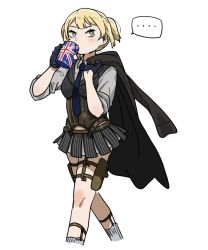 Rule 34 | ..., 1girl, anyan (jooho), blonde hair, commentary request, corset, cropped legs, cup, drinking, feet out of frame, girls&#039; frontline, gloves, half gloves, highres, jacket, korean commentary, leg strap, miniskirt, mug, necktie, short hair, simple background, skirt, sleeves rolled up, solo, speech bubble, spoken ellipsis, tea, thigh strap, union jack, walking, welrod mkii (girls&#039; frontline), white background, yellow eyes