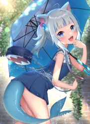 Rule 34 | 1girl, :d, absurdres, ahoge, animal ears, bag, bare shoulders, blue eyes, blue hair, blush, byoko (byokoramen), cat ears, day, fang, fins, fish tail, gawr gura, gawr gura (casual), hair ornament, highres, holding, holding umbrella, hololive, hololive english, huge filesize, long hair, looking at viewer, multicolored hair, official alternate costume, open mouth, outdoors, shark tail, sharp teeth, skirt, smile, solo, streaked hair, tail, teeth, umbrella, virtual youtuber, white hair