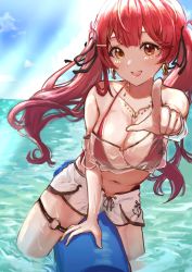 Rule 34 | 1girl, :d, afloat, arm support, bandeau, bare shoulders, bikini, bikini under clothes, black ribbon, blue sky, breasts, cleavage, cloud, collarbone, commentary request, cowboy shot, earrings, hair ribbon, heterochromia, highres, hololive, horizon, houshou marine, houshou marine (summer), jewelry, large breasts, light rays, long hair, looking at viewer, navel, necklace, o-ring, o-ring thigh strap, ocean, open mouth, outdoors, outstretched arm, pointing, pointing at viewer, red bikini, red eyes, red hair, ribbon, riding, see-through, shorts, sitting, skull, sky, smile, solo, stomach, string bikini, sunbeam, sunlight, swimsuit, tetora teapot, thigh strap, twintails, virtual youtuber, water, wet, white shorts, yellow eyes