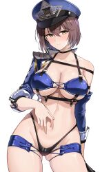 Rule 34 | 1girl, azur lane, baltimore (azur lane), baltimore (finish line flagbearer) (azur lane), bikini, black bikini, black gloves, blue bikini, blue hat, blue jacket, blush, breasts, brown hair, character name, choker, cleavage, collarbone, cropped jacket, flag, gloves, grin, halcon, hat, highleg, highleg bikini, highres, jacket, large breasts, long sleeves, looking at viewer, micro shorts, mismatched bikini, navel, official alternate costume, race queen, short hair, shorts, single glove, sky, smile, solo, swimsuit, thighs, yellow eyes