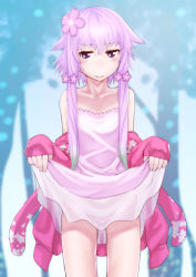Rule 34 | 1girl, blush, closed mouth, clothes lift, dress, dress lift, hair ornament, highres, lifted by self, looking at viewer, panties, purple eyes, purple hair, see-through, short hair with long locks, smile, solo, soon (c-u-soon), twintails, underwear, vocaloid, voiceroid, yuzuki yukari