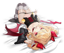 Rule 34 | 1girl, absurdres, bat wings, bed, bed sheet, black panties, blonde hair, breasts, character request, cleavage, corset, detached sleeves, dungeon and fighter, fang, fang out, fangs, fangs out, hair ribbon, highres, large breasts, leggings, looking at viewer, low wings, lying, on back, on bed, open mouth, panties, pinion, pointy ears, pulling own clothes, red eyes, red ribbon, ribbon, solo, striped, striped leggings, thigh gap, thighs, tongue, tongue out, twintails, underwear, wings