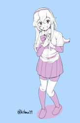 Rule 34 | 10s, 1girl, blue background, bodysuit, bow, female focus, full body, hair between eyes, hairband, hikawa79, kantai collection, knees together feet apart, limited palette, long hair, monochrome, open mouth, own hands together, pleated skirt, school uniform, shirt, short sleeves, sidelocks, simple background, sketch, skirt, smile, socks, solo, text focus, translation request, twitter username, uniform, yamagumo (kancolle)