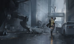 Rule 34 | 1girl, absurdres, assault rifle, black footwear, black gloves, black hair, black legwear, black skirt, building, car, city, expressionless, eyepatch, full body, girls&#039; frontline, gloves, gun, headphones, headphones around neck, highres, holding, holding gun, holding weapon, knee pads, long hair, m16, m16a1, m16a1 (girls&#039; frontline), mecha, motor vehicle, multicolored hair, rifle, robot, shirt, skirt, solo, streaked hair, weapon, wide shot, xumi
