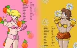 Rule 34 | 2girls, artist request, bikini, blonde hair, boxing, boxing gloves, breasts, brown hair, chart, cleavage, mario (series), measurements, multiple girls, navel, nintendo, princess daisy, princess peach, punch-out!!, see-through, shorts, super mario bros. 1, super mario land, swimsuit