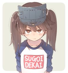Rule 34 | 1girl, blush, brown eyes, brown hair, closed mouth, commentary request, frown, fujisaki yuu, grey background, grey hat, hair between eyes, kantai collection, long hair, looking at viewer, meme attire, outside border, raglan sleeves, romaji text, ryuujou (kancolle), shirt, solo, sugoi dekai, twintails, two-tone background, upper body, v-shaped eyebrows, visor cap, white background, white shirt