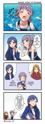 - -, 3girls, 4koma, 72, ahegao, annoyed, arm up, armpits, arms, artist name, bangs, bare shoulders, blue eyes, blue hair, blue jacket, blue swimsuit, blush, board, breast conscious, brown eyes, closed mouth, collarbone, comic, drying, english text, eyes closed, female focus, flat chest, friends, gradient, gradient background, hand on own cheek, hand on own face, happy, highres, holding, holding towel, humor, idolmaster, idolmaster million live!, jacket, kisaragi chihaya, long hair, long image, looking at viewer, makabe mizuki, multiple girls, namco, neck, one-piece swimsuit, one eye closed, open clothes, open jacket, open mouth, orange hair, outdoors, pool, purple hair, red jacket, school swimsuit, shinomiya karen, shirt, short hair, shoulders, sidelocks, simple background, skin tight, smile, speech bubble, splashing, standing, sweatdrop, swimming, swimsuit, talking, tall image, teardrop, towel, translated, water, water drop, wet, wet clothes, wet hair, wet swimsuit, white shirt, worried, yellow eyes