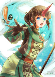 Rule 34 | 1girl, 2020, adventurer (ff11), artist name, blue eyes, brown gloves, brown hair, carbuncle (final fantasy), creature, cross-laced clothes, dated, detached sleeves, final fantasy, final fantasy xi, fingerless gloves, gloves, headband, horns, long sleeves, morere, open mouth, orange ribbon, ponytail, red headband, red horns, ribbon, ribbon trim, short hair, signature, single horn, solo, summoner (final fantasy), turtleneck