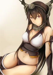 Rule 34 | 10s, 1girl, black hair, black panties, breasts, brown hair, elbow gloves, gloves, hair between eyes, hair ornament, hairband, headgear, kantai collection, large breasts, long hair, midriff, nagato (kancolle), nannacy7, navel, panties, personification, red eyes, solo, thighhighs, thighs, underwear, yellow background