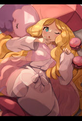 Rule 34 | 1girl, ;o, aqua eyes, blonde hair, blush, bright pupils, caitlin (pokemon), commentary request, creatures (company), dream ball, dress, eyelashes, game freak, gen 5 pokemon, hands up, hat, highres, long hair, long sleeves, lying, musharna, nintendo, on back, one eye closed, open mouth, parted bangs, pink headwear, pokemon, pokemon (creature), pokemon bw, tongue, umiru, white pupils