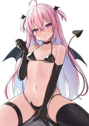 Rule 34 | 1girl, :d, absurdres, ahoge, arm support, asymmetrical legwear, bat wings, bikini, black bikini, black gloves, black thighhighs, black wings, blush, breasts, cleavage, closed mouth, collar, demon girl, demon tail, elbow gloves, girl on top, gloves, head wings, heart, heart ahoge, highres, long hair, looking at viewer, mismatched legwear, multiple wings, navel, okiq, open mouth, original, pink eyes, pink hair, simple background, sitting, small breasts, smile, solo focus, sweat, swimsuit, tail, thigh strap, thighhighs, tongue, tongue out, two side up, white background, wings