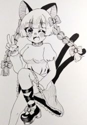 Rule 34 | 1girl, ;d, animal ears, bow, braid, cat ears, cat tail, foot out of frame, greyscale, kaenbyou rin, mei 773, monochrome, nekomata, one-hour drawing challenge, one eye closed, open mouth, shoes, smile, solo, tail, touhou, twin braids, v