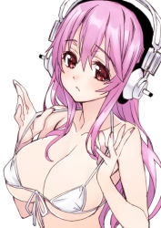 Rule 34 | 1girl, bad id, bare shoulders, bikini, bikini top lift, breasts, cleavage, clothes lift, fingernails, front-tie top, headphones, highres, large breasts, lifting own clothes, long hair, looking at viewer, matsuryuu, nail polish, nitroplus, pink hair, red eyes, simple background, solo, strap lift, super sonico, swimsuit, white background, white bikini