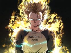Rule 34 | 1boy, aura, blonde hair, blue eyes, capsule corp, close-up, crying, crying with eyes open, dragon ball, dragonball z, expressionless, fire, kemachiku, long sleeves, looking at viewer, male focus, serious, short hair, spiked hair, super saiyan, super saiyan 1, tears, trunks (dragon ball), trunks (future) (dragon ball), upper body