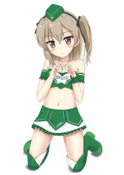 Rule 34 | 10s, 1girl, black bow, black hairband, blush, boots, bow, breasts, brown eyes, closed mouth, collarbone, commentary request, crop top, cross, cross necklace, flipper, frilled skirt, frills, garrison cap, girls und panzer, green footwear, green hat, green skirt, green thighhighs, hair bow, hairband, hat, head tilt, heart, heart hands, jewelry, kneeling, light brown hair, long hair, looking at viewer, midriff, navel, necklace, one side up, shimada arisu, simple background, skirt, small breasts, solo, thigh boots, thighhighs, white background