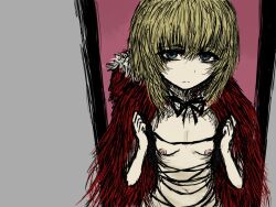 Rule 34 | 1girl, black souls, blonde hair, blue eyes, breasts, cape, cloak, closed mouth, expressionless, fur trim, jitome, long hair, looking at viewer, medium hair, naked cape, navel, nipples, official art, red dead hood, red hood, red hood (black souls), ribbon, simple background, sketch, small breasts, solo, sushi yuusha toro, upper body