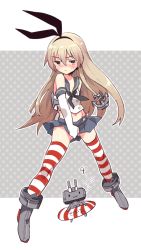 Rule 34 | 10s, 1girl, anchor, animal ears, blush, boots, brown eyes, brown hair, covering crotch, covering privates, downcast eyes, elbow gloves, fake animal ears, flat chest, gloves, grey footwear, hair ornament, hairband, ichihaya, innertube, kantai collection, midriff, miniskirt, navel, no panties, personification, rabbit ears, red socks, rensouhou-chan, sailor collar, shimakaze (kancolle), skirt, socks, solo, striped clothes, striped socks, striped thighhighs, sweatdrop, swim ring, thighhighs