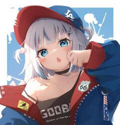 Rule 34 | 1girl, alternate costume, baseball cap, black choker, blue eyes, blue hair, blue hat, blue jacket, blush, border, chestnut mouth, choker, clothes writing, commentary request, commission, flat chest, gawr gura, grey hair, hair ornament, hand up, hat, highres, hololive, hololive english, jacket, long sleeves, looking at viewer, los angeles dodgers, multicolored hair, open clothes, open shirt, outside border, pixiv commission, road sign hair ornament, seboneko, sidelocks, solo, strap slip, streaked hair, tank top, two side up, upper body, virtual youtuber, white border