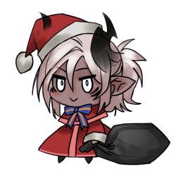 Rule 34 | 1girl, :&gt;, capelet, chibi, christmas, commentary, dark-skinned female, dark skin, english commentary, hair between eyes, hat, holding, holding sack, horns, less, looking at viewer, meme, original, padoru (meme), pointy ears, pom pom (clothes), ponytail, red capelet, red hat, sack, santa costume, santa hat, silver hair, simple background, smile, solo, v-shaped eyebrows, white background