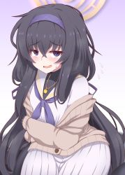Rule 34 | 1girl, black hair, blue archive, blue eyes, blush, commentary request, female focus, hair between eyes, halo, headband, ikue fuuji, long hair, looking at viewer, low twintails, open mouth, school uniform, simple background, solo, sweater, twintails, ui (blue archive)