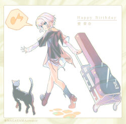 Rule 34 | 1girl, bang dream!, bang dream! it&#039;s mygo!!!!!, black cat, black footwear, black shirt, blue eyes, boots, cat, closed mouth, commentary request, full body, guitar case, happy birthday, highres, instrument case, kaname raana, layered sleeves, long sleeves, looking at animal, medium hair, musical note, nagayama momo, shirt, short over long sleeves, short sleeves, smile, solo, spoken musical note, twitter username, walking, white hair