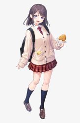 Rule 34 | 1girl, :d, backpack, bag, blue eyes, blush, brown hair, cardigan, cellphone, fingernails, food, highres, holding, holding food, kneehighs, letta illust, loafers, looking at viewer, necktie, open mouth, original, phone, plaid, plaid skirt, pleated skirt, red necktie, red skirt, school bag, school uniform, shoes, simple background, skirt, sleeves past wrists, smartphone, smile, socks, solo, standing, striped necktie, striped neckwear, taiyaki, wagashi